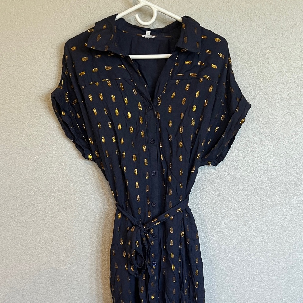 En Creme Dark Blue Dress with Gold Patterns